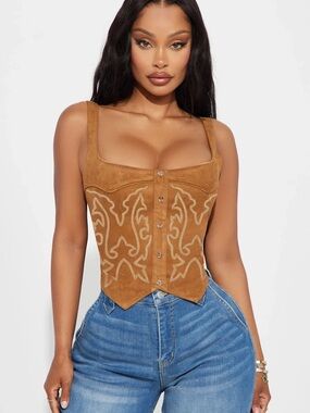 Fashion Nova Tan Embroidered Corset Cami